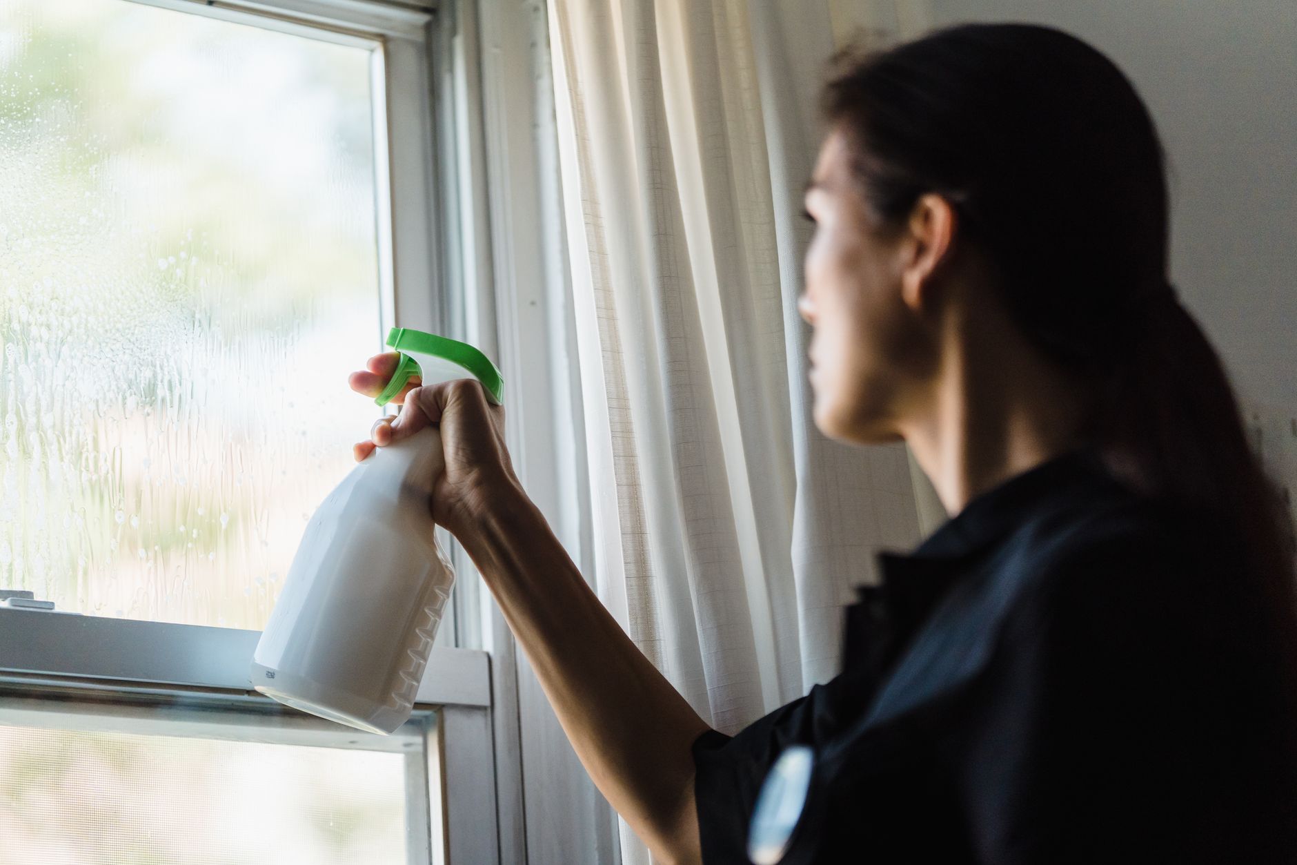 Professional cleaner washing a residential window